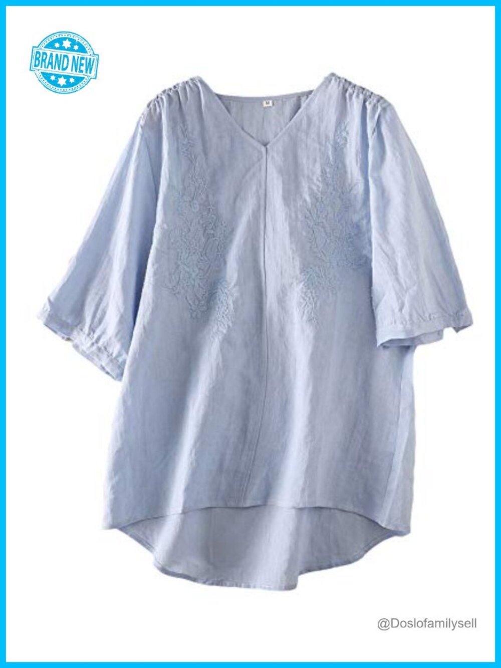 Minibee Linen Embroidery Tunic Blouse V-Neck Elbow Sleeve A-Line Top
